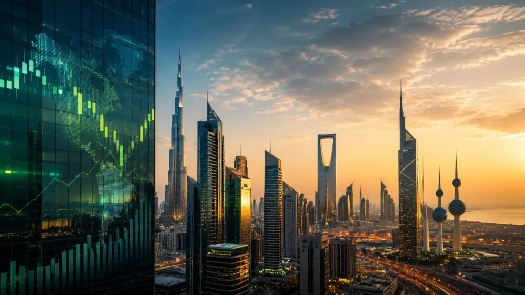 Modern MENA financial district skyline representing investment banking, capital markets, and regional economic growth in the Middle East and North Africa.